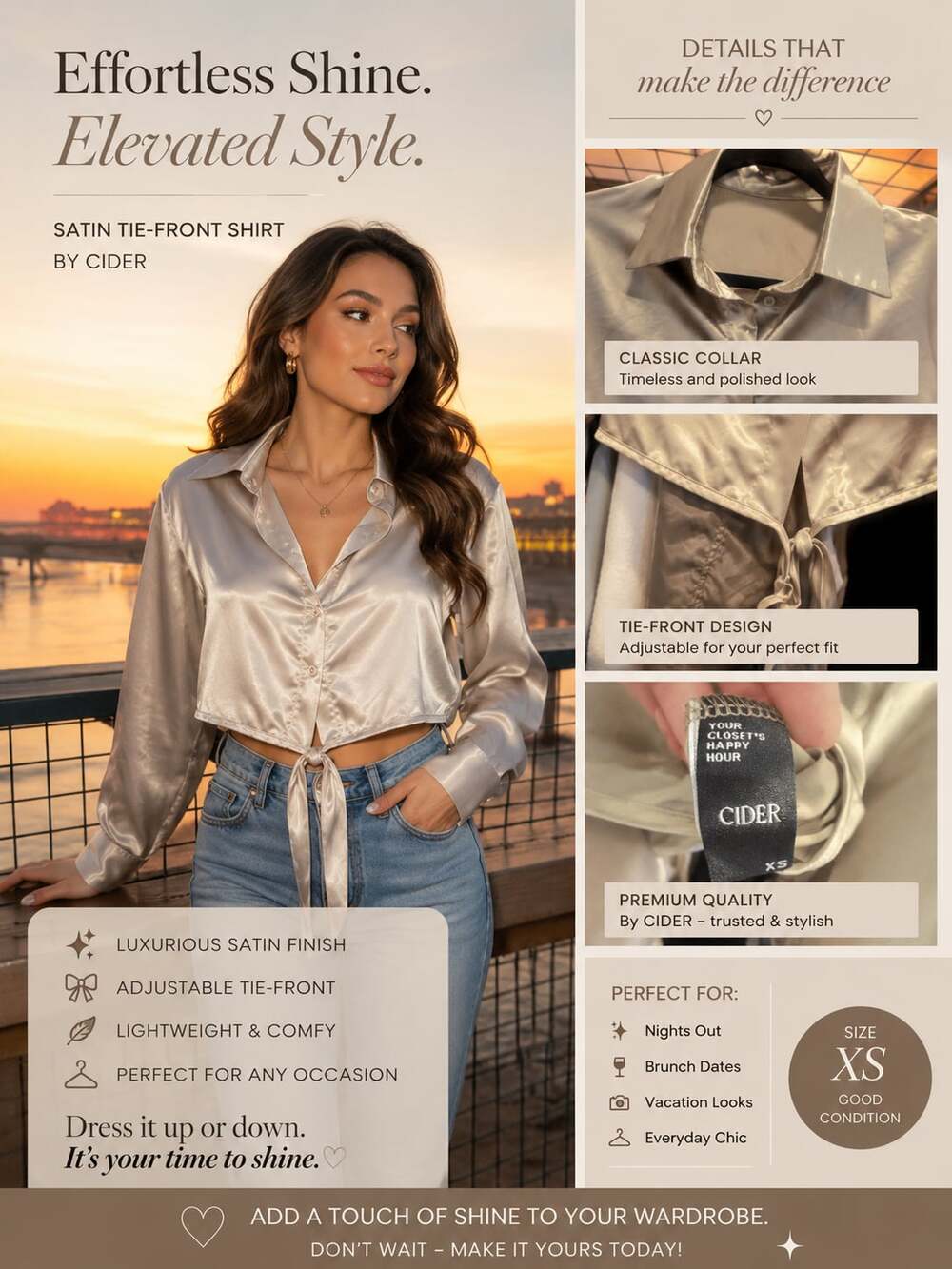 Cider Satin Tie-Front Shirt Size XS